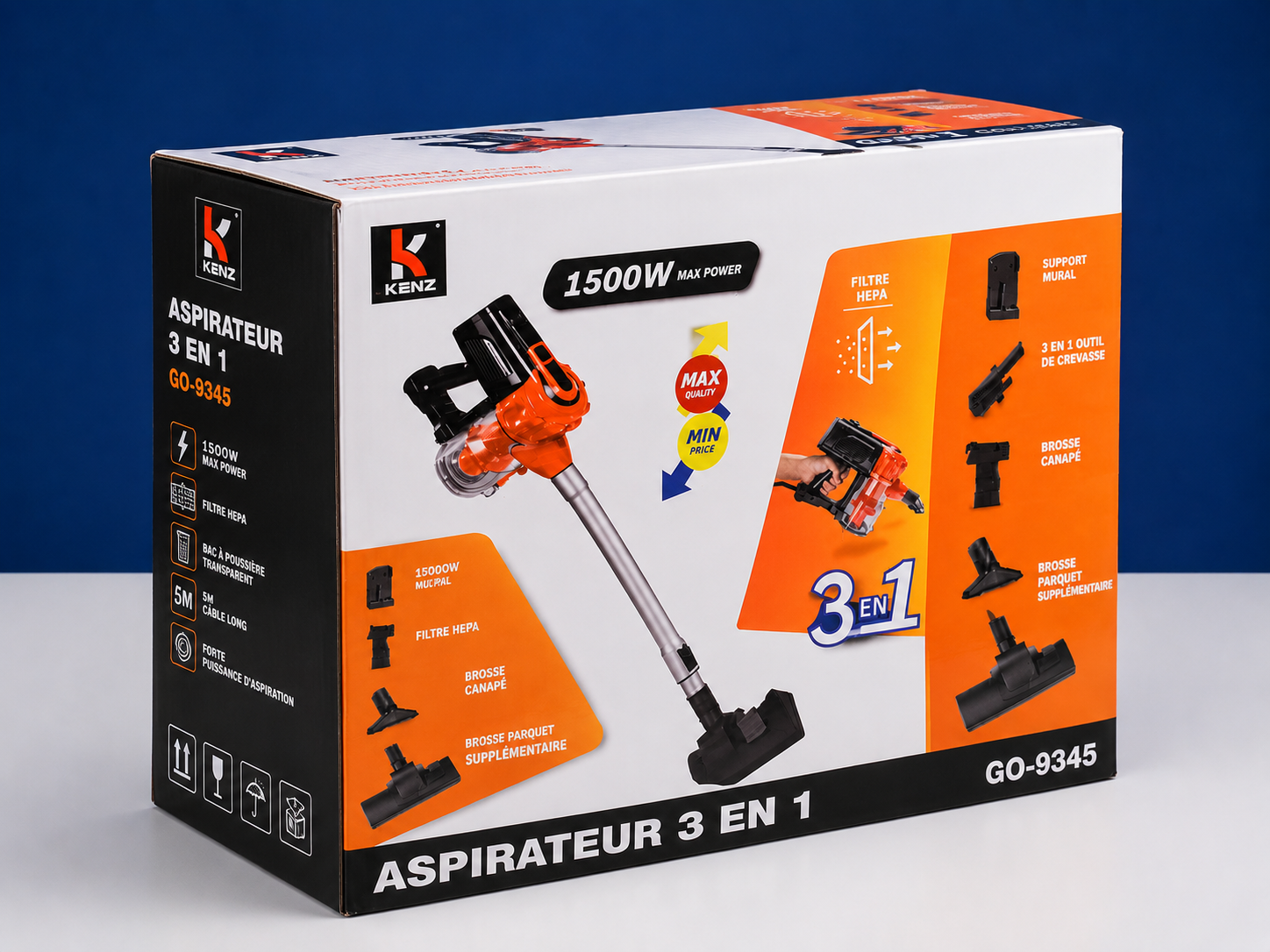 Aspirateur Balai KENZ GO-9345 3-en-1 – 1500W avec Filtre HEPA