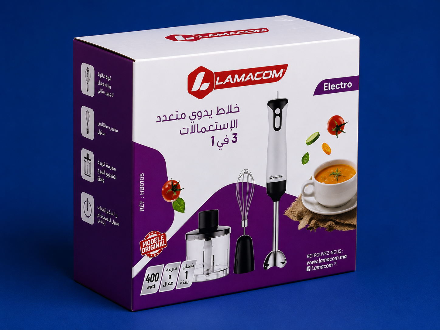 Mixeur Plongeant Lamacom 3 en 1 - 400W - Hachoir et Fouet